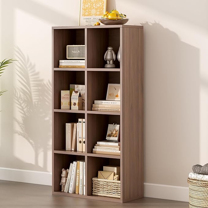 8-Cube Storage Shelf Bookcase - Wooden 4-Tier Floor Standing Open Bookshelf for Home and Office, Cuby Orgainzer, Walnut