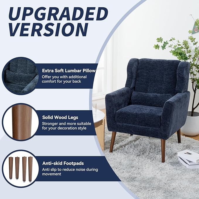 Accent Chair Set of 2, Upholstered Armchair with Pillow, Fabric Single Sofa Chair with Lounge Seat and Wood Legs Accent Chair for Living Room Small Spaces (Dark Blue, Set of 2)