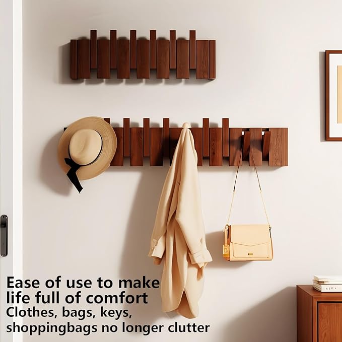 Wall Mounted Piano Key Hanger | Flip Style Hook | Entrance Wall Art Hook, Made of Oak Wood (3 Times Painted, 4 Times Polished) (Walnut, 6Hooks)
