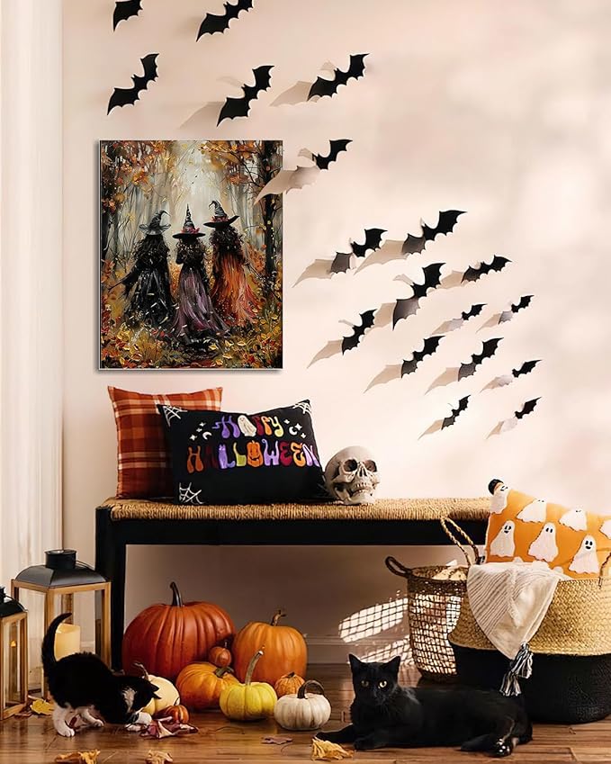 Halloween Canvas Wall Art, Vintage Three Witches Poster, Gothic Dark Academia Wall Decor, Spooky Halloween Decor for Living Room, Bedroom & Bathroom, Framed Fall Decorations Indoor