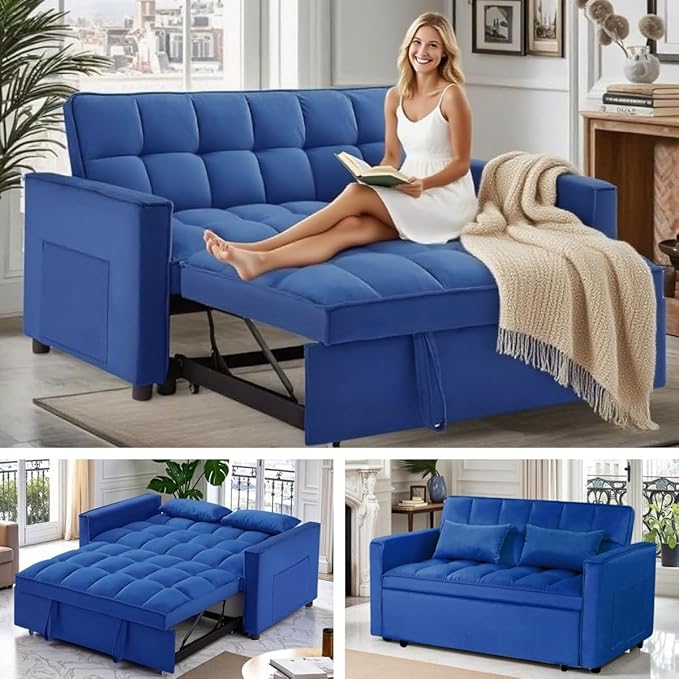 3 in 1 Sleeper Sofa Bed, Futon Sofa Bed for Living Room with Side Pocket, Blue Sleepers Sofas Couch with Pullout Beds, Convertible Love Seat Sleepers couch for Living Room, Bedroom, Small Space