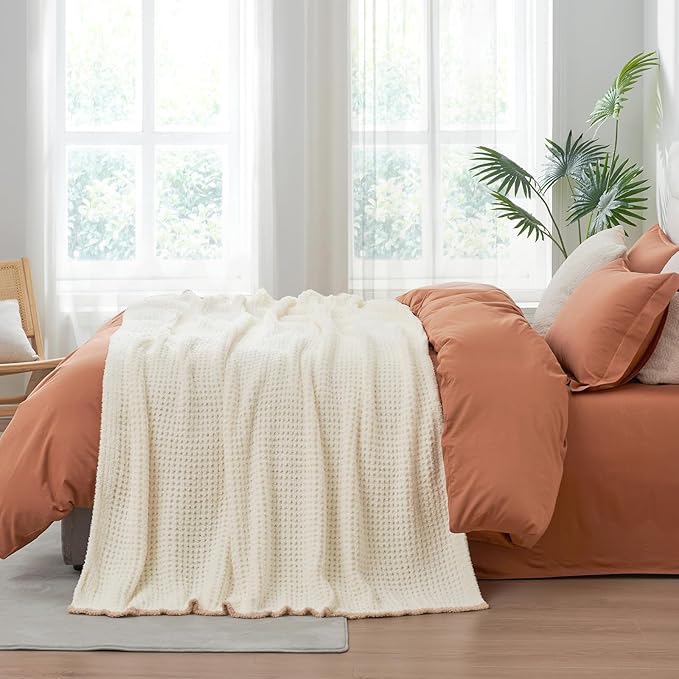 Snuggle Sac Cream Bedding Blankets Queen Size 90x90 inches, Reversible Microfiber Fluffy Fuzzy Soft Throw Cozy Knit Blanket for Women Mothers Birthday Gifts