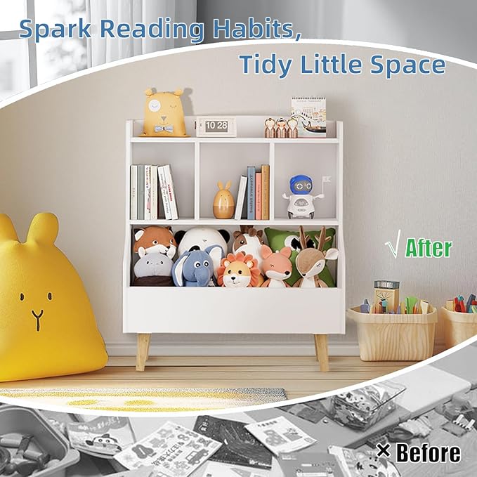 Kids Bookshelf and Toy Storage, 4-Cubby Toy Storage Organizer with Bookcase, Wood Kid Storage Cubby, 24"L x 14"D x 28"H Montessori Toy Shelf, Toddler Book Shelf for Kids Room Nursery Playroom