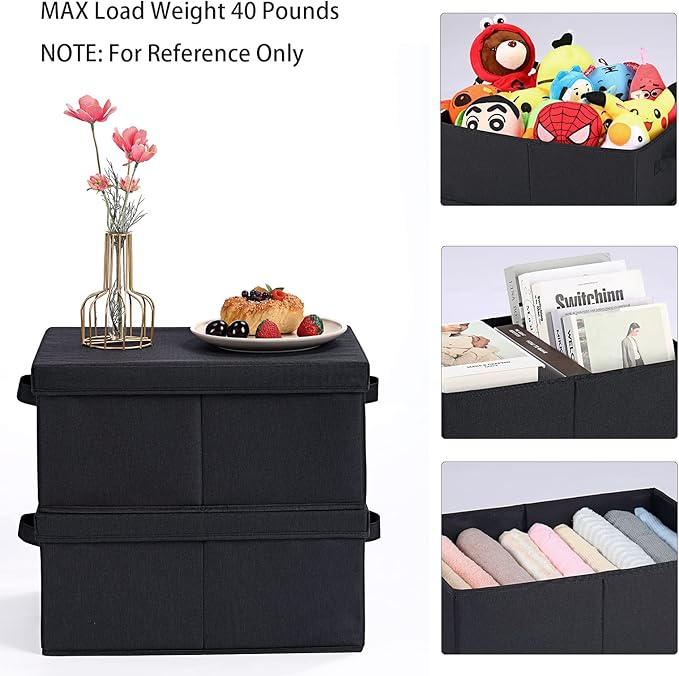 HOONEX Storage Bins with Lids for Organizing, Pack of 2, Storage Boxes with 2 Carrying Handles and Sturdy Heavy Cardboard, 16.5" L x 11.8" W x 7.5" H for Shoes, Books, Clothes, Black