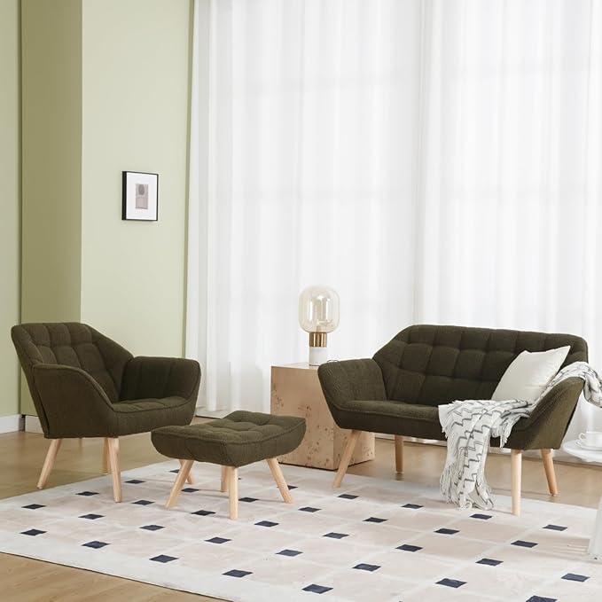 Green Sherpa Accent Chair with Ottoman ，Modern Reading Chair with Ottoman Set, Comfy Fuzzy Armchair Living Room Chair Lounge Chair with Wood Legs for Small Spaces Bedroom Apartment