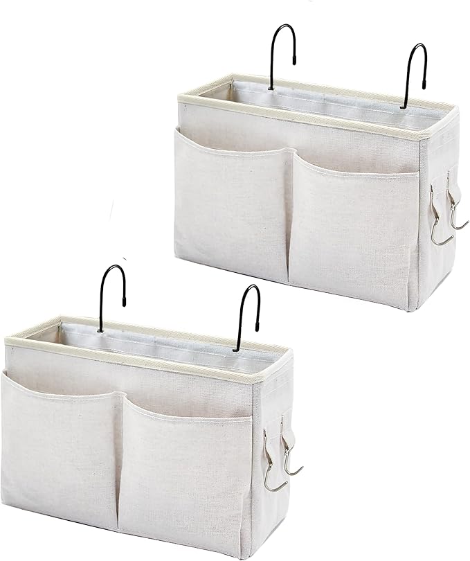 Bedside Caddy Organizer & Bedside Storage Basket Multi-Function Organizer for Bunk, Hospital Beds, Dorm Bed Rails,| Holds Magazines, Books, Glasses, Phone | Space-Saving (White 2 Pack)