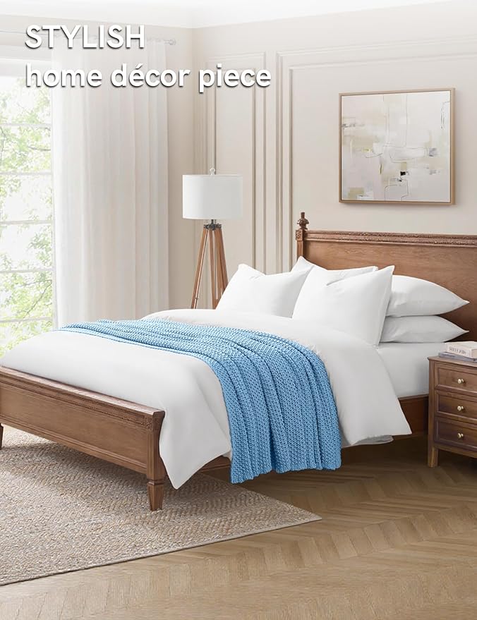 YnM Chunky Cotton Knit Throw Blanket, Cable Knit Throws for Bed Couch Sofa, Comfy & Relaxing, Decorative Piece for Farmhouse Modern Boho Rustic Scandinavian Chic Vibe, Aqua Blue 60x80 Inches