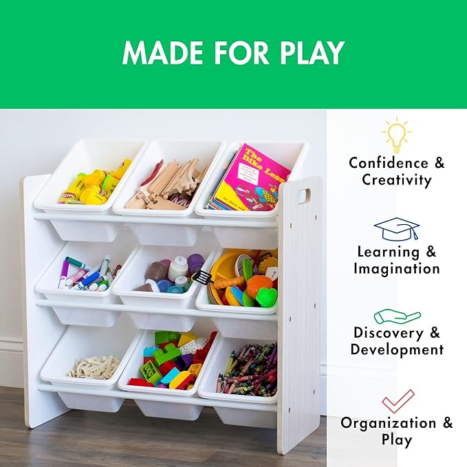 Humble Crew 9-Bin Toy Organizer – Hampton Sandwashed with White Plastic Bins, 3-Tier Storage Solution for Kids' Playrooms and Nurseries