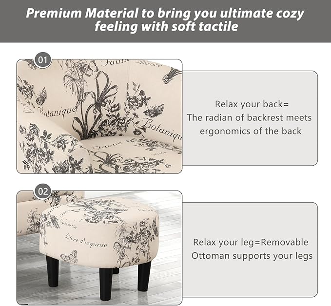 INZOY Modern Accent Chair with Ottoman for Small Space, Club Chair with Ottoman Set, Comfy Fabric Barrel Reading Chairs for Living Room Bedroom, Round Reading Chair with Foot Rest, Flower Pattern
