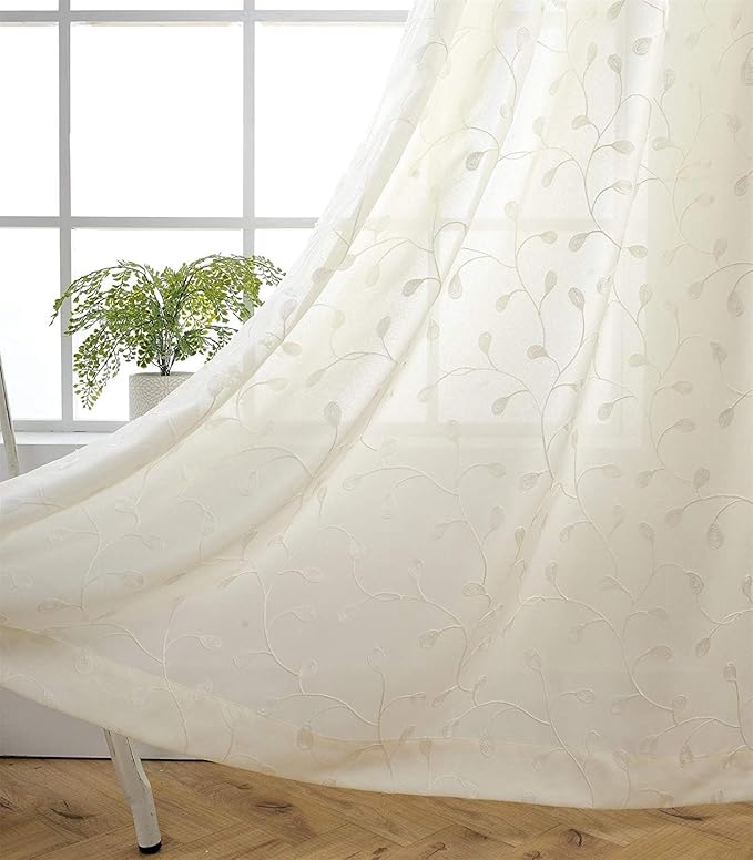 MIUCO Floral Embroidered Semi Sheer Curtains Faux Linen Grommet Curtain Panels for Living Room 52 x 95 Inch 1 Pair, Off White