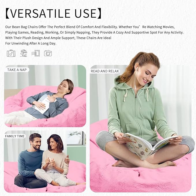 Bean Bag Chair for Adults 5FT,Soft Removable Cover for Teens/Girls Bedroom,Fluffy Giant Round Floor Beanbag Lounger Chairs (No Filler,Pink)
