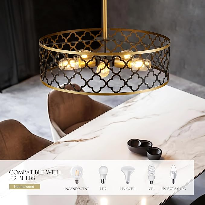 5-Light Drum Chandeliers for Dining Room,19.7" Rustic Farmhouse Dining Room Light Fixture, Black&Gold Metal Hanging Pendant Light for Living Room Bedroom Kitchen Entryway Foyer