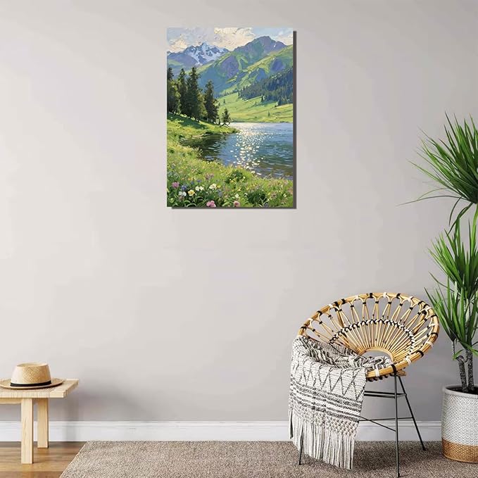 The scenery of mountain streams and green meadows is suitable for living rooms bedrooms offices landscape posters and wall paintings