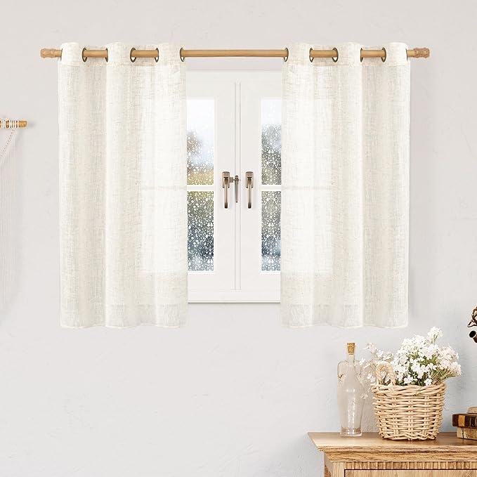 LAMIT Linen Blended Curtains 48 inch for Windows, Linen Textured Light Filtering Drapes Bronze Grommet Boho Neutral Panels for Farmhouse/Bathroom, 2 Panels, 34 x 48 Inch, Cream