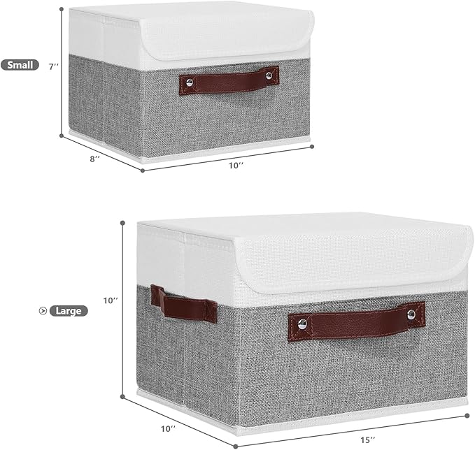 ANMINY Storage Boxes with Lids Washable Decorative Storage Bins Basket with PU Leather Handle Foldable Linen Fabric Storage Cubes Containers for Home Closet Organizer - Gray White, Large Size