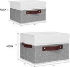 ANMINY Storage Boxes with Lids Washable Decorative Storage Bins Basket with PU Leather Handle Foldable Linen Fabric Storage Cubes Containers for Home Closet Organizer - Gray White, Large Size
