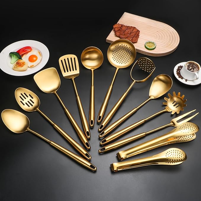 304 Stainlss Steel Matte Kitchen Utensils Set, 12 Pcs Long Metal Cooking Utensil Gadgets Tools Set with Spatula, Ladle, Spoon, Ladle, Skimmer, Tunner, Pasta Server, Tongs(Gold, Dishwasher Safe)