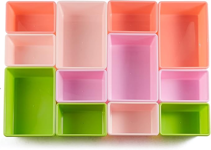 Amazon Basics Kids Toy Storage Organizer With 12 Plastic Bins, White Wood With Pink Bins, 10.9" D x 33.6" W x 31.1" H