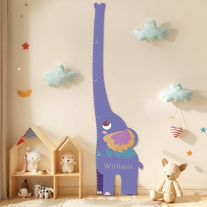 Personalized Name Growth Chart for Kids, Elephant Patchwork Wooden Height Chart for Wall Decor, Custom Height Ruler, Baby Boy Girl Measurement Ruler for Bedroom Playroom, Easy to Mark