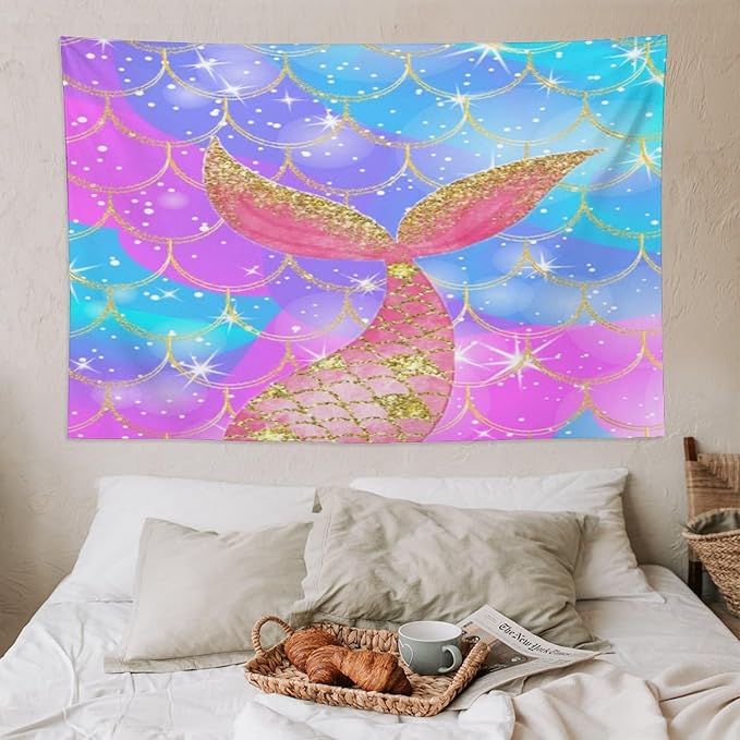 HZOHNAGO Mermaid Scales Tapestry Colorful Shiny Scales Mermaid Tail Pattern Printed Wall Tapestry Wall Hanging for Bedroom Living Room Dorm 90" W x 60" H