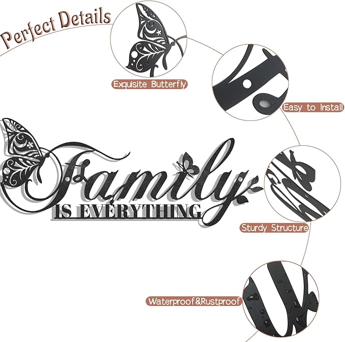 Family Signs Metal Wall Decor, Oppro Family Is Everything Word Sign with Butterfly for Home Decor, Black Art Plaque Letters for Living Room, Dining Room Bedroom Housewarming Mother's Day Father's Day Gift , 17”x6.3”