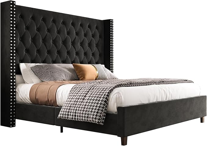 PaPaJet Queen Size Bed Frame with 61.4" Tall Headboard, Velvet Modern Upholstered Tufted Bed for Adults, Handmade Deep Button Tufting, Solid Wood Legs, No Box Spring Required, Black