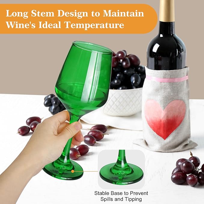 Green Wine Glasses Set of 6-12oz Green Long Stem Wine Glass Cups, Pretty Crystal Glassware, Hand Blown Goblets Drinkware, Unique Drinking Stemware Holiday Gift Set