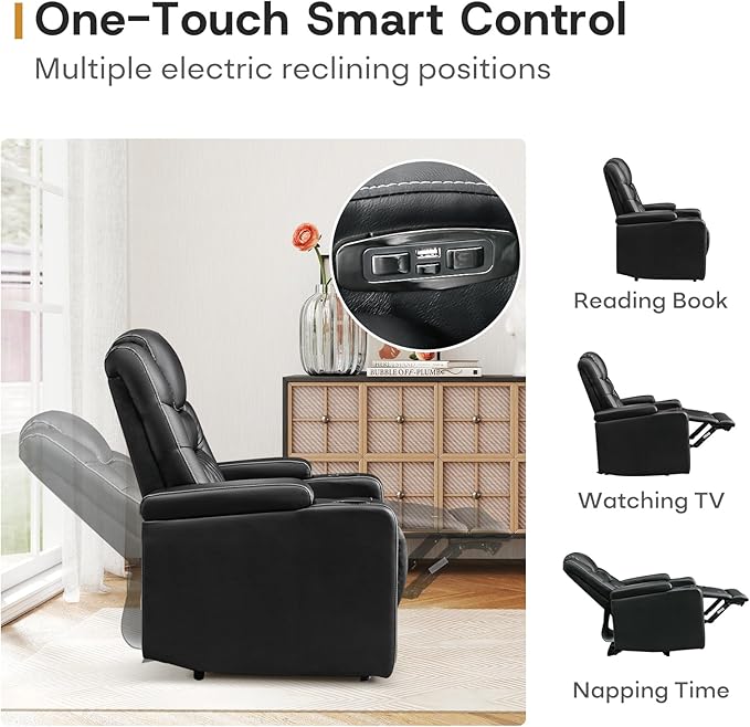 ANJ Power Recliner Chair with USB Port, Electric PU Leather Home Theater Seating for Living Room, Movie Reclining Chairs with Blue Ambient Lighting, Hidden Arm Storage, Cup Holders (Black)