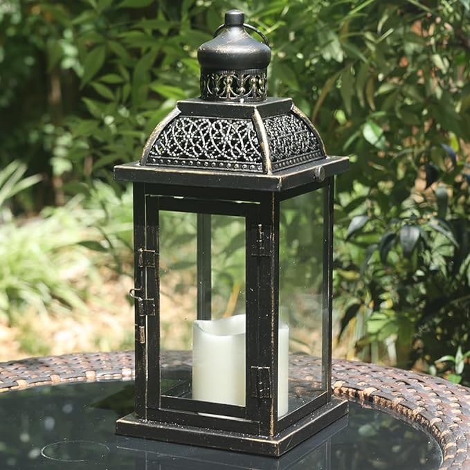 NEEDOMO Large Candle Lanterns Decorative Indoor, 14.4" Outdoor Lantern with Clear Glass, Vintage Metal Candle Holders in Black, Patio Wedding Home Kitchen Coffee Table Livinig Room Decor