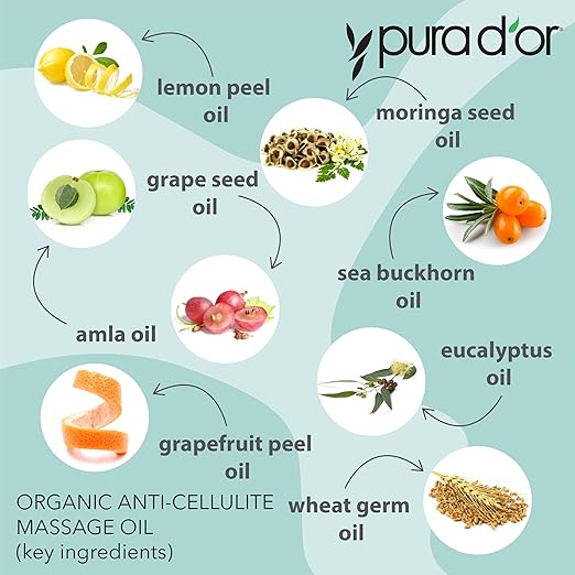 PURA D'OR 16 Oz Organic Anti-Cellulite Massage Oil - Lemon Peel, Moringa, Grape Seed, Grapefruit & Eucalyptus Oils - Skin Firming & Tightening for Active Individuals & Aging Adults