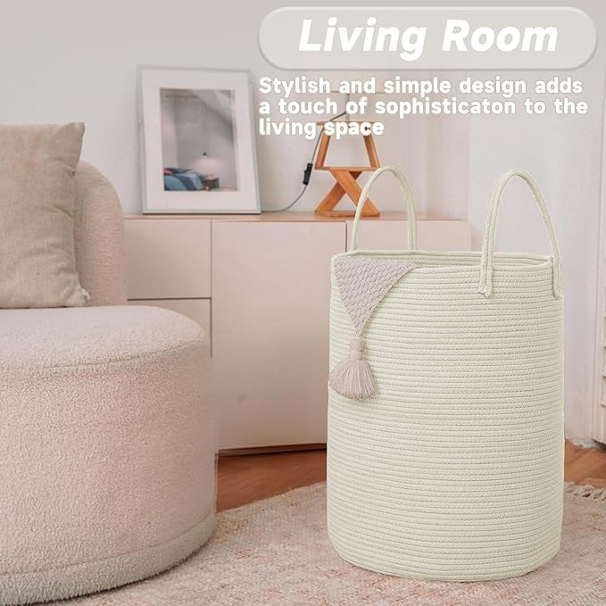 Large Woven Laundry Basket Hamper,60L Cotton Rope Storage Bin for Blankets,Toys and Clothes,Decorative Tall Nursery Hamper for Living Room,Baby Nursery,Bathroom and Bedroom,White