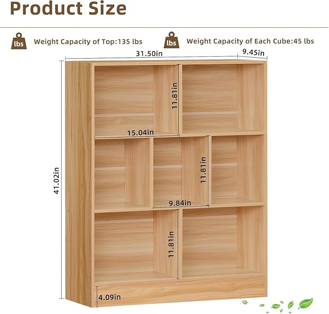 LEYAOYAO 7 Cube Bookshelf with Wood Base,Natural 3 Tier Mid-Century Modern Bookcase,Standing Wide Bookshelves Storage Organizer Shelf,Rustic Display Cabinet Book Shelves for Bedroom,Living Room