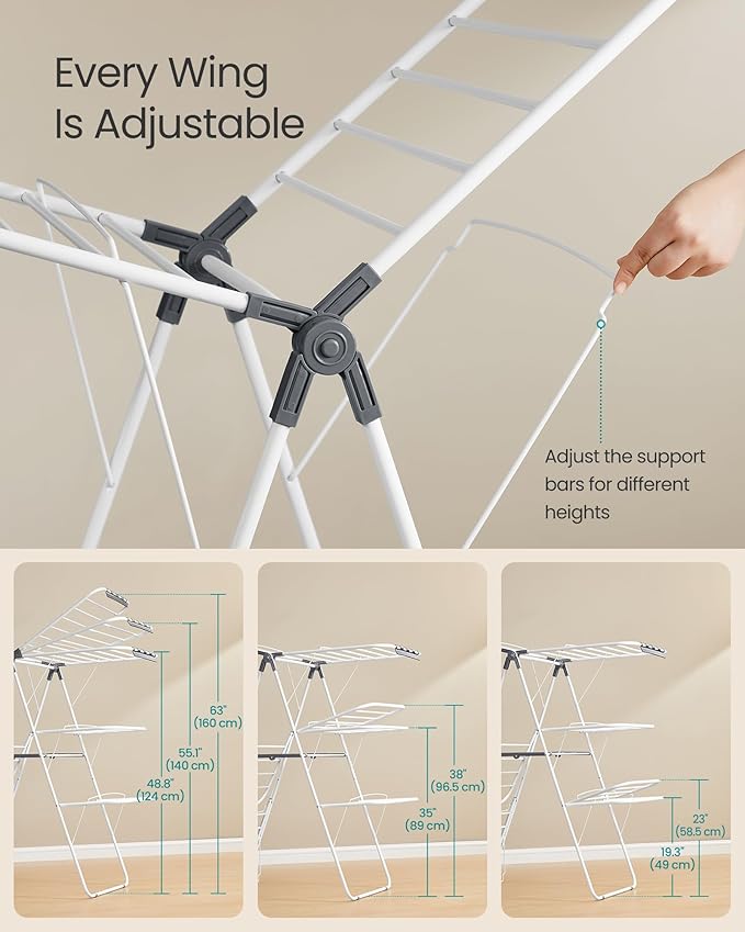 SONGMICS Clothes Drying Rack, Foldable 3-Level Laundry Rack, Free-Standing Large Drying Rack, with Height-Adjustable Wings, 39 Drying Rails, Sock Clips, White and Gray ULLR054W01