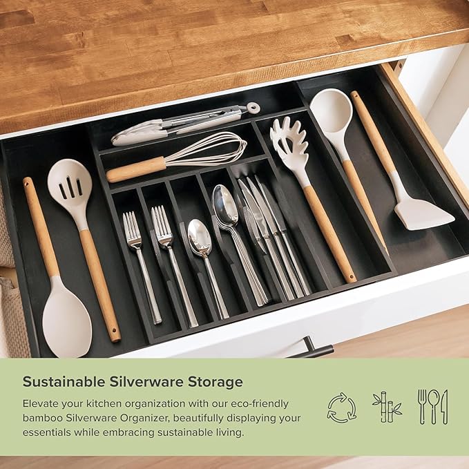 Premium Silverware, Flatware and Utensil Organizer for Kitchen Drawers, Food-Safe Contract Grade, Expandable from 16 to 28 In, Black Bamboo