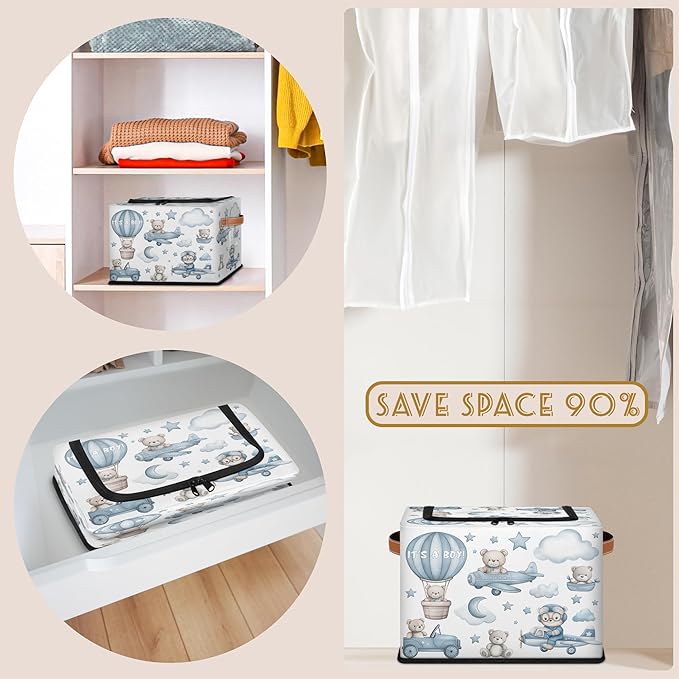 Rectangular Storage Baskets for Shelves - Waterproof Foldable Laundry Basket, Nursery Hamper, Reusable Toy Bin for Organizing Toys, Books, Clothes, Closet 14"x10.2" x10.4" (Little Bear)