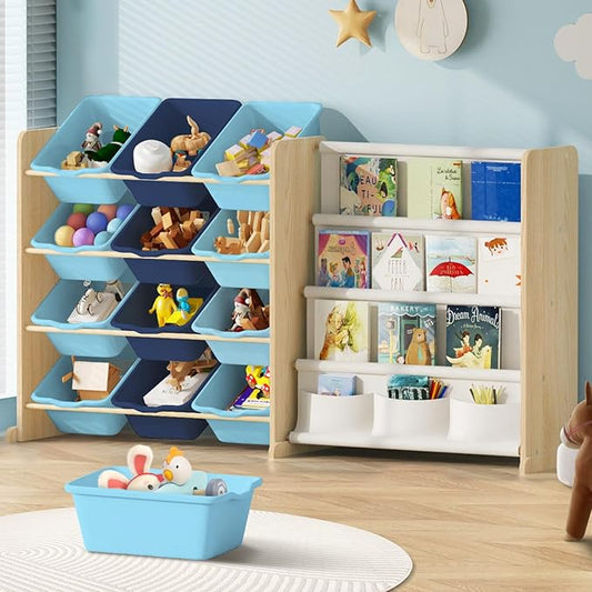 Kids Toy Storage Organizer - Toy Storage with Kids Bookshelf, Toy Organizer with 12 Blue Bins and 4 Book Shelves, Toy Organizers and Storage for Playroom, Nursery, Kids Room, Burlywood