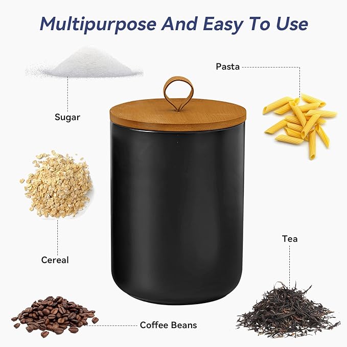 Ceramic Storage Jars, Modern Elegant Highly Polished Airtight Gorgeous Storage Canisters with Wooden Lid Small Food Stroage Jar for Kitchen Spice Tea Vanilla Sugar Coffee Beans (Black medium)