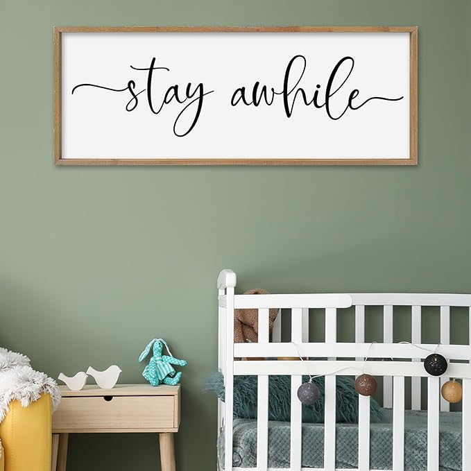 SRSZHIYUE Stay Awhile Sign Wall Decor Art 32"×12" Home Entryway Hallway Signs Large Wood Framed Wall Hanging (Wood)