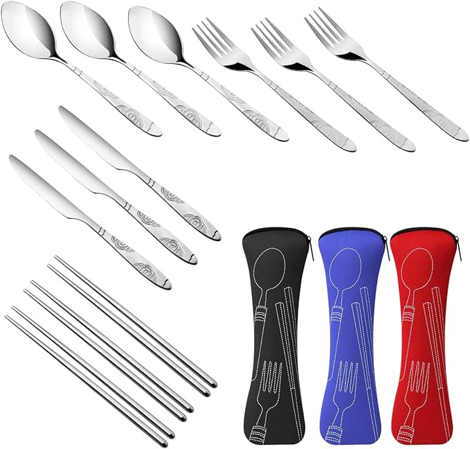 3 Pack Reusable Flatware Sets Knife, Fork, Spoon, Chopsticks, 12Pcs Portable Travel Stainless Steel Tableware Dinnerware with Carrying Case