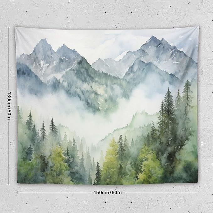 HZOHNAGO Mountain Tapestry Misty Green Forest Mountain Pattern Printed Wall Tapestry Wall Hanging for Bedroom Living Room Dorm 60" W x 50" H