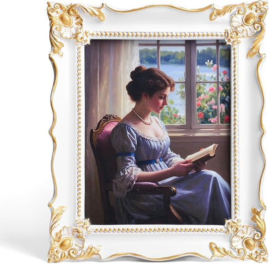 8x10 Vintage Picture Frame with Embossed Flower Design, White Ornate Frame for 8x10 or 5x7 Pictures with White Mat, Hand-Crafted Resin Antique Frames for Tabletop & Wall Hanging, Home Decor (White)