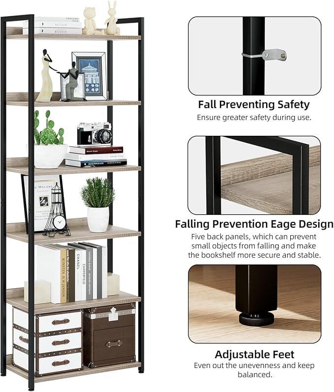 NUMENN Bookshelf, 6 Tier Bookshelves, Home Office Bookcase Shelf Storage Organizer, Free Standing Storage Shelving Unit for Bedroom, Living Room and Home Office, Grey