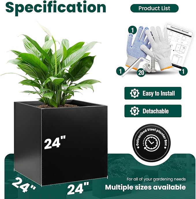 Galvanized Steel Planter Box Black Metal Planter Large Square Indoor Outdoor Planters Cube Steel Heavy Duty Flower Pot 24Inch Powder Coating Modern Commercial Residential for Patio, Deck, Yard, Garden