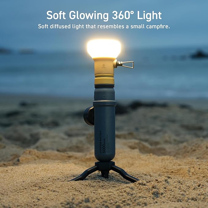 ELECOM NESTOUT Outdoor Camping LED Lantern w/ Mini Tripod, Dimmable USB Powered Soft LED Light, IP44 Water Dust Resistant, 10-350 Lumen, Portable Lamp for NESTOUT Power Bank, Beige (LAMP-1)