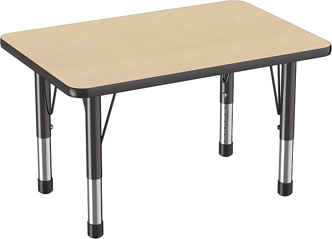 FDP Rectangle Activity School and Classroom Kids Table (24 x 36 inch), Chunky Toddler Leg, Adjustable Height 15-24 inches - Maple Top and Black Edge