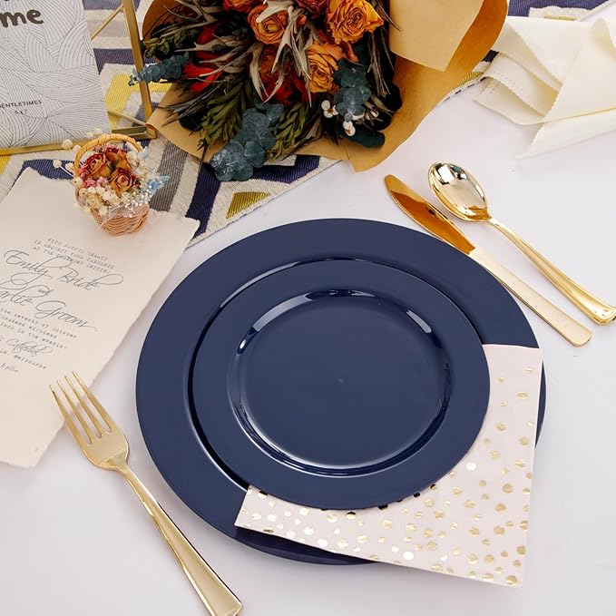 FLOWERCAT 60PCS Blue Plastic Plates - Heavy Duty Blue Plates Disposable (10.25" & 7.5") - serve for 30guest Birthday Party/Wedding/Father's Day/Memorial Day/Graduation