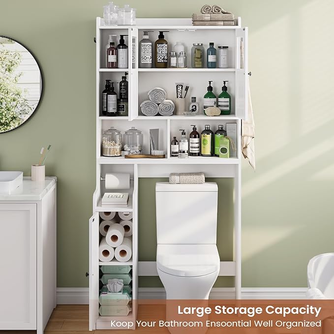 Itaar Over The Toilet Storage Cabinet, Over Toilet Bathroom Organizer with Glass Doors & Toilet Paper Holder Stand, Home Space-Saving Toilet Rack, for Bathroom, Restroom, Laundry(White)