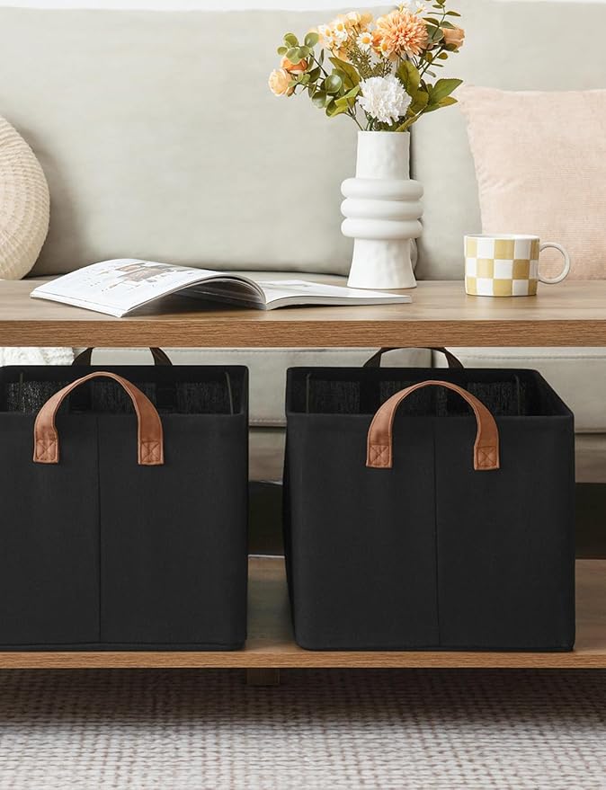 StorageWorks Storage Bins, Fabric Storage Bins for Shelves, Large Storage Baskets with Metal Frame, Closet Baskets and Bins with Handles, Black, 2-Pack
