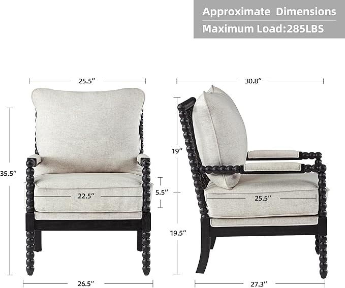 DUHOME Linen Fabric Spindle Accent Chair with Wood Frame,Bobbin Chair with High Resilience Spring Cushion and Armrest Pads, Leisure Armchair for Living Room Bedroom Farmhouse Home Office Belcony