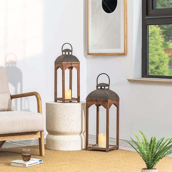 Glitzhome Set of 2 Mondern Farmhouse Wooden Lantern Hanging Decorative Candle Lanterns for Outdoor & Indoor Brown (No Glass)
